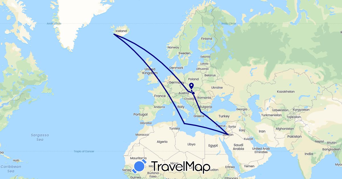 TravelMap itinerary: driving in Austria, Greece, Hungary, Iceland, Jordan, Malta (Asia, Europe)