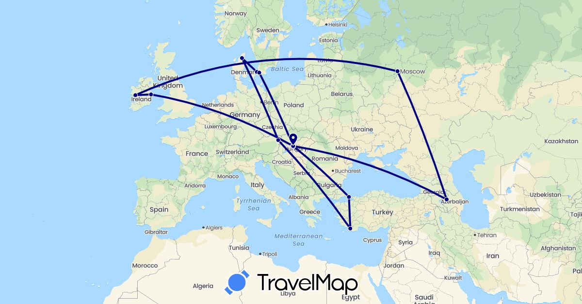 TravelMap itinerary: driving in Austria, Azerbaijan, Denmark, Hungary, Ireland, Russia, Sweden, Turkey (Asia, Europe)